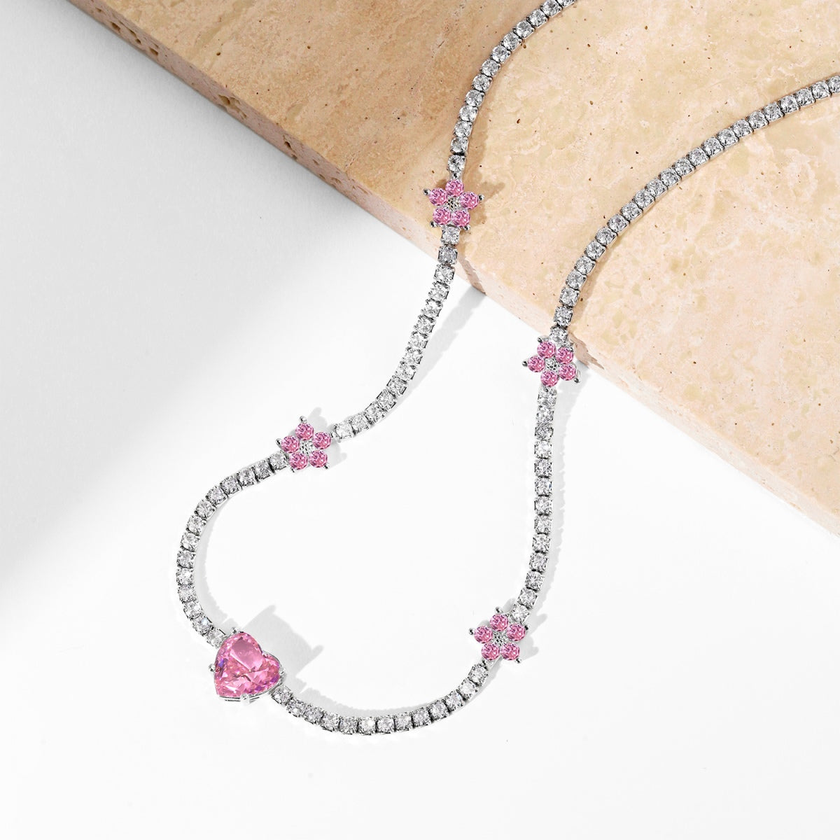 [XXX]Dazzling Pink Heart Flower Necklace