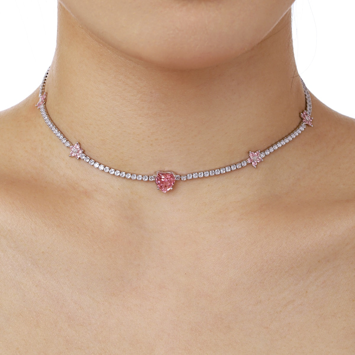 [XXX]Dazzling Pink Heart Flower Necklace