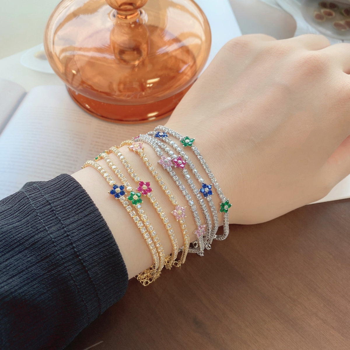 [XXX]Pulsera de tenis con forma de flor brillante