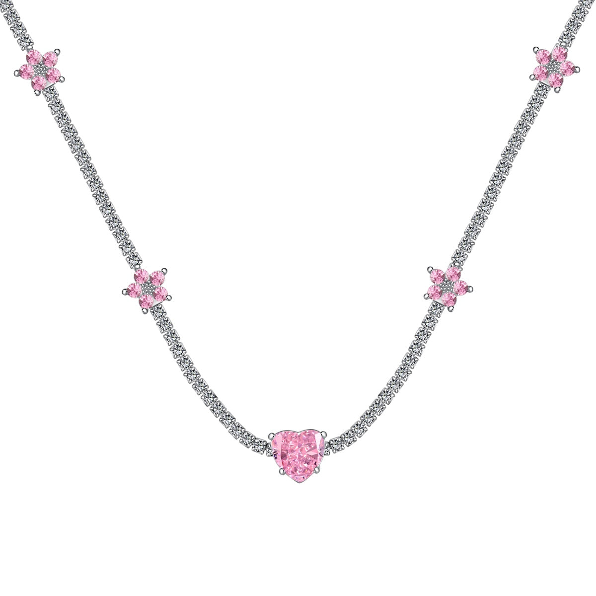 [XXX]Dazzling Pink Heart Flower Necklace